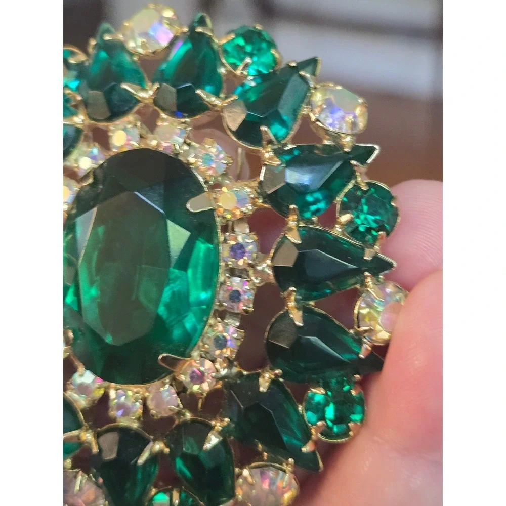 Green Brooch Rhinestone Statement Brooch Vintage Goldtone Mid-Century